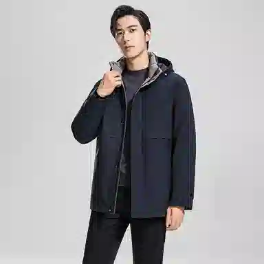 鸭鸭 纯色商务休闲连帽中长款羽绒服 男款 虾青色