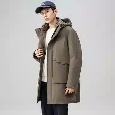 鸭鸭 时尚加厚中长款纯色连帽羽绒服 男款