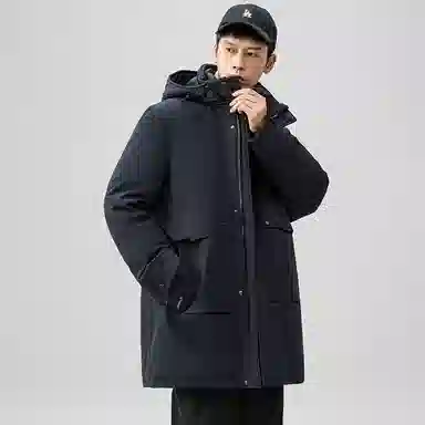 鸭鸭 时尚加厚中长款纯色连帽羽绒服 男款