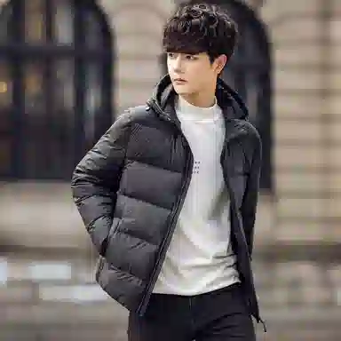 鸭鸭 连帽纯色面包羽绒服 男款