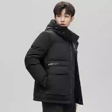 鸭鸭 纯色韩版休闲短款连帽加厚羽绒服 男款