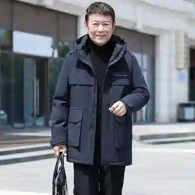 鸭鸭 鹅绒系列中老年爸爸装纯色商务休闲百搭拆卸连帽户外防寒保暖工装中长款羽绒服 男款
