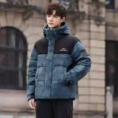 鸭鸭 青年时尚韩版潮流短款连帽户外运动休闲百搭防寒保暖迷彩面包羽绒服 男女同款