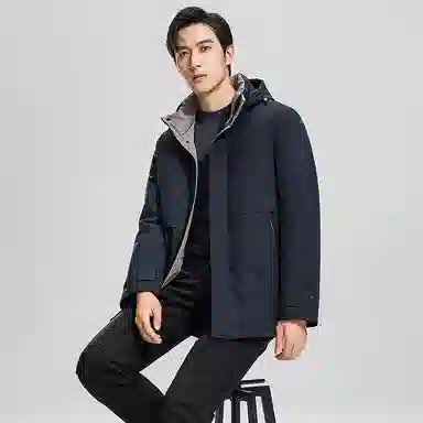 鸭鸭 纯色商务休闲连帽中长款羽绒服 男款 虾青色