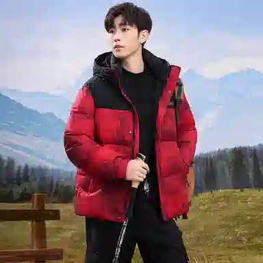 鸭鸭 中青年时尚韩版潮流中国风短款连帽外套山系户外运动休闲加厚保暖迷彩面包羽绒服 男女同款