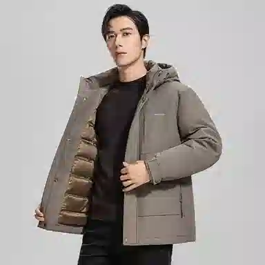 鸭鸭 石墨烯蓄热纯色商务休闲短款连帽外套男士户外防风保暖长袖羽绒服 男款