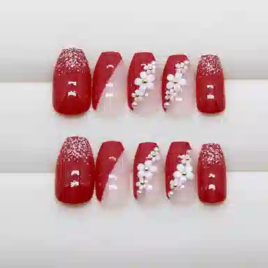 馨枕居 小花金珠细闪法式  穿戴甲 短梯红色跳色 爆闪