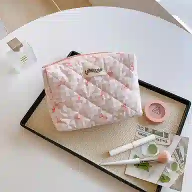 馨枕居韩版简约大容量化妆包高颜值格纹蝴蝶结护肤品收纳包便携洗漱包女化妆包 便携收纳防尘