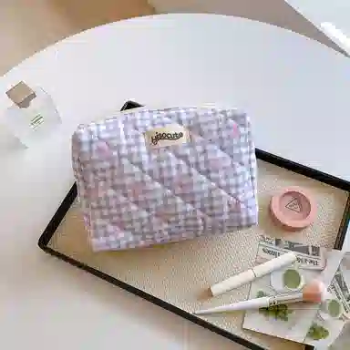 馨枕居韩版简约大容量化妆包高颜值格纹蝴蝶结护肤品收纳包便携洗漱包女化妆包 便携收纳防尘