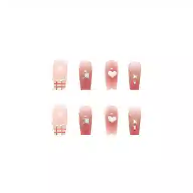 馨枕居 法式格纹闪钻  穿戴甲 长款粉色晕染 可爱 立体爱心