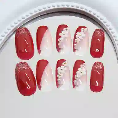 馨枕居 小花金珠细闪法式  穿戴甲 短梯红色跳色 爆闪