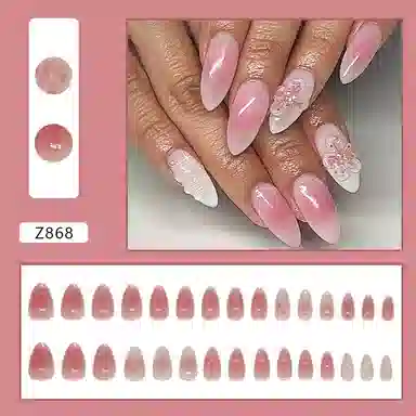 馨枕居 桃花欧美中长  穿戴甲 杏仁粉色晕染 可爱