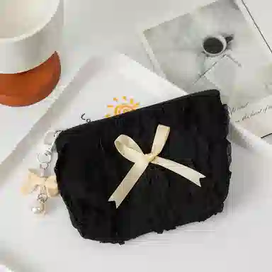 馨枕居可爱化妆包化妆袋韩版蕾丝蝴蝶结大容量零钱包手拿包女收纳包化妆包 便携收纳防尘