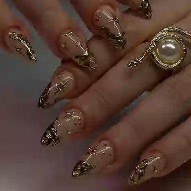 馨枕居 立体不规则日月  穿戴甲 中长款尖型金色渐变 爆闪