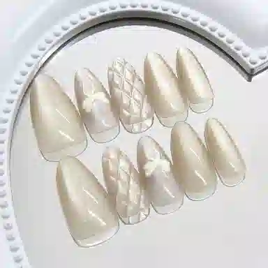 馨枕居 浅棕立体格纹蝴蝶结  穿戴甲 杏仁金色纯色 纯欲