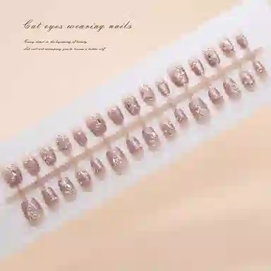 馨枕居 手工预制国风蝴蝶猫眼  穿戴甲 短方圆粉色渐变