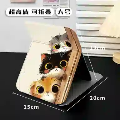 馨枕居 宿舍办公室家居专用可立高清折叠化妆镜便携台式双面翻盖猫咪镜女