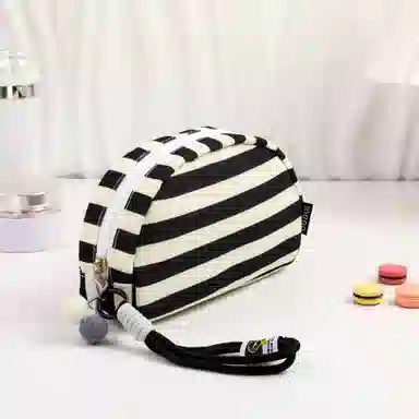 馨枕居高颜值条纹便携洗漱包旅游化妆包手提大容量收纳包刺绣贝壳包化妆包 便携收纳防尘