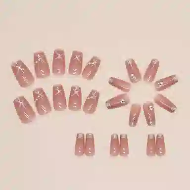 馨枕居 短芭蕾珍珠闪粉  穿戴甲 长方粉色渐变 爆闪