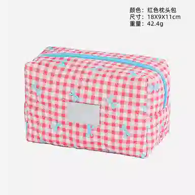 馨枕居 蝴蝶结可爱化妆包跨境格子枕头包大容量高级感收纳包女洗漱包笔袋