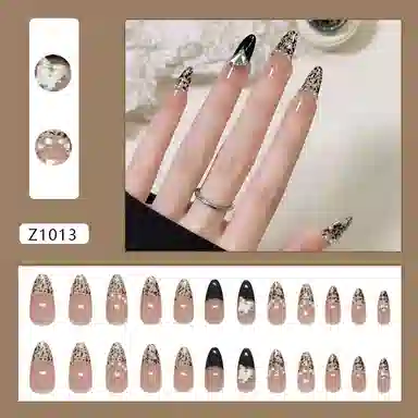 馨枕居 法式珍珠钻石  穿戴甲 中长款尖型豹纹裸色 细闪