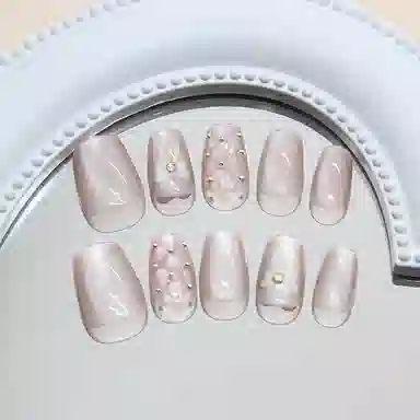 馨枕居 钻石蝴蝶结菱形银豆猫眼  穿戴甲 方圆豆沙粉渐变 新中式