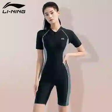 李宁 运动生活系列 连体泳装长款及膝新款泳衣专业保守运动训练遮肚显瘦游泳衣 女款 黑灰色