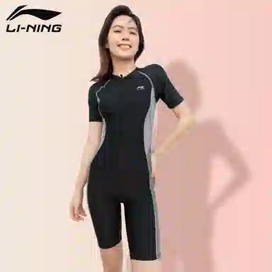 李宁 运动生活系列 连体泳装长款及膝新款泳衣专业保守运动训练遮肚显瘦游泳衣 女款 黑灰色