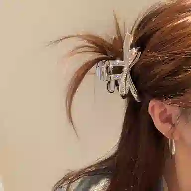 芒果饰品 韩系冷淡风银色水钻蝴蝶结 亚克力 发夹 女款