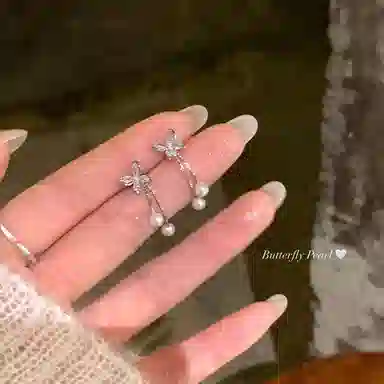 芒果饰品 超仙闪锆蝴蝶珍珠流苏#好运 铜合金 耳环 女款