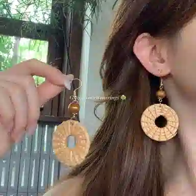 芒果饰品 波西米亚风民族风长款藤编几何 铜 耳环 女款