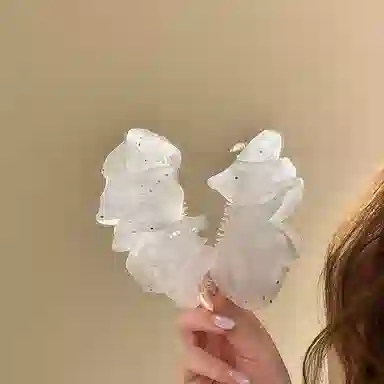芒果饰品 韩系绝美白色褶皱细闪香蕉夹 欧根纱 发夹 女款