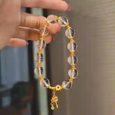 金杰福 招财金色铃铛蓝绿宝石双坠轻奢天然 白水晶 手串 男女同款情侣款