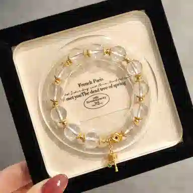 金杰福 招财金色铃铛蓝绿宝石双坠轻奢天然 白水晶 手串 男女同款情侣款