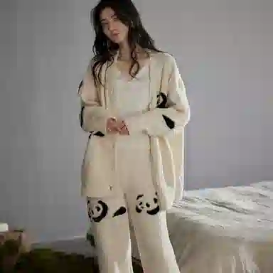 同语 半边绒睡衣女秋冬季套装小熊猫可外穿软绵绵家居服珊瑚绒加厚 家居套装 女款 黑白熊猫