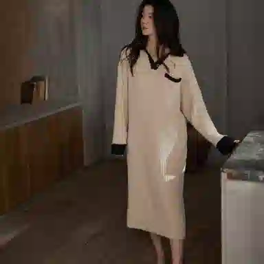 同语 睡裙女秋冬季珊瑚绒加厚长裙睡衣女士半边绒加绒可外穿家居服 家居连衣裙 稥杏色 女款