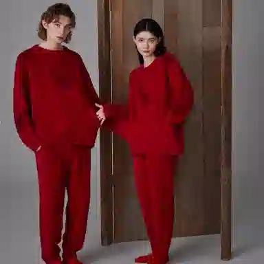 同语 本命年红色睡衣男秋冬珊瑚绒结婚套装半边绒加厚加绒男士家居服 家居套装 男款 勃艮第红