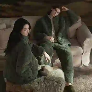 同语 寒冬保暖服 × 三层夹棉 情侣睡衣三层夹棉珊瑚绒加厚冬季家居服法兰绒加绒可外穿套装 家居套装 情侣款 松绿