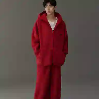 同语 睡衣秋冬季珊瑚绒红色连帽套装男士喜庆结婚家居服加厚 家居套装 男款 勃艮第红