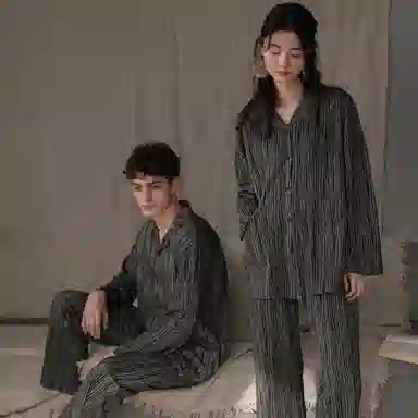 同语 情侣睡衣女春秋季纯棉薄款家居服男女全棉休闲韩版可外出套装 家居套装 情侣款 深灰色