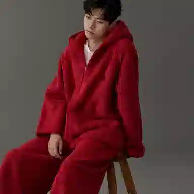 同语 睡衣秋冬季珊瑚绒红色连帽套装男士喜庆结婚家居服加厚 家居套装 男款 勃艮第红