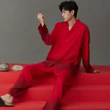 同语 睡衣男春秋季柔软棉红色渐变渲染套装男士喜庆结婚家居服 家居套装 男款 大红