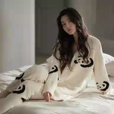 同语 半边绒睡衣女秋冬季套装小熊猫可外穿软绵绵家居服珊瑚绒加厚 家居套装 女款 黑白熊猫