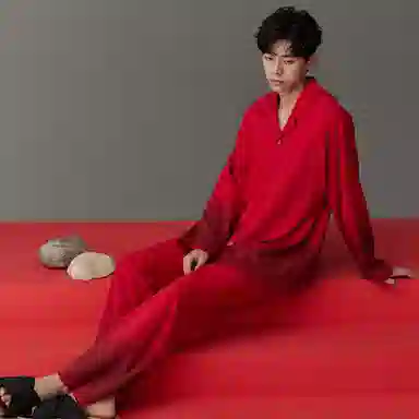 同语 睡衣男春秋季柔软棉红色渐变渲染套装男士喜庆结婚家居服 家居套装 男款 大红