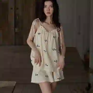 同语 睡衣女吊带夏季梭织纯棉套装薄女士可爱甜美可外穿夏天家居服 家居套装 女款 橘白色墨纹熊猫