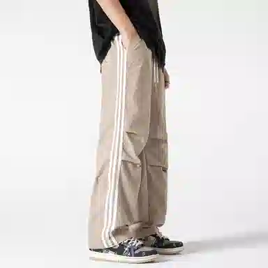 美式侧条纹织带褶皱宽松直筒运动降落伞兵休闲裤 男女同款
