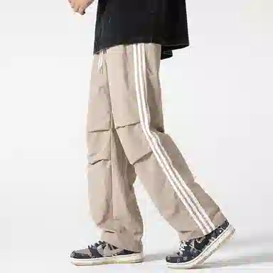 美式侧条纹织带褶皱宽松直筒运动降落伞兵休闲裤 男女同款