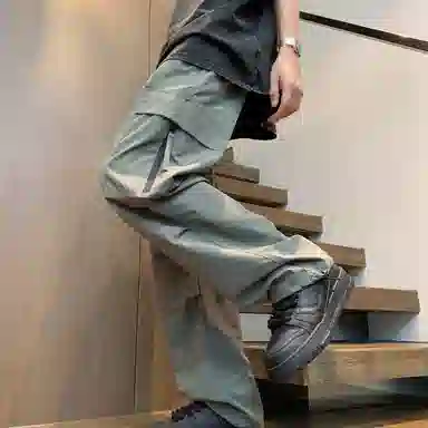 虫小绿 美式复古山系耐磨口袋褶皱工装裤基础款纯色冰丝凉感潮流百搭垂感拖地露营登山机能拉链宽松高街直筒休闲裤 男女同款