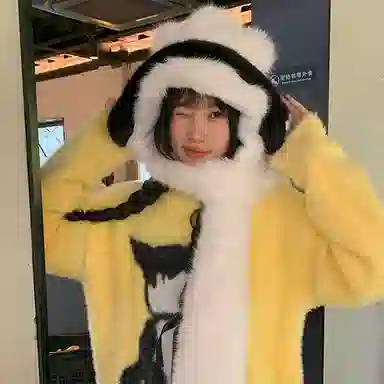 雅鹿优选 可爱耳机小熊帽子围巾两件套女生秋冬季毛绒加厚连帽保暖护耳雷锋帽 涤纶 绒线帽 女款