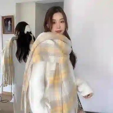 【柠檬海盐】 雅鹿优选 超显白温暖奶黄格纹加厚围巾冬季保暖流苏披肩围脖 男女同款情侣款 礼盒装 绒线围巾 男女同款情侣款